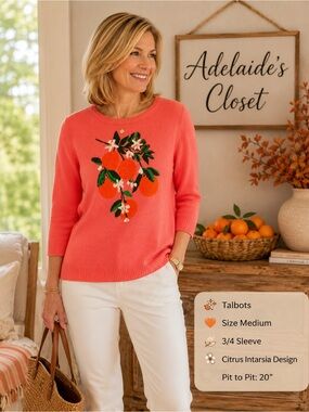 Talbots Orange Citrus Intarsia Crewneck Sweater 3/4 Sleeve M